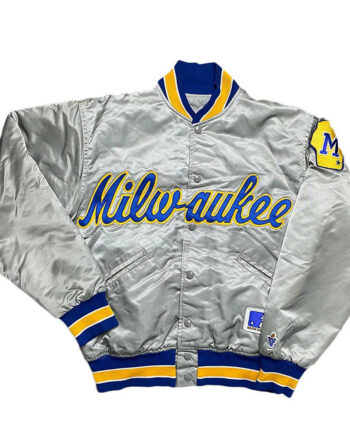 Milwaukee Brewers Grey Varsity Satin Jacket - Modajacket
