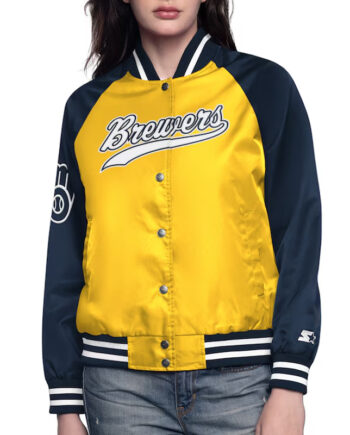 Gold/Navy Milwaukee Brewers Home Run Varsity Satin Jacket - Modajacket