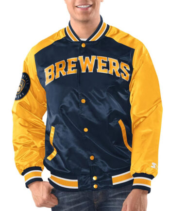 Navy/Gold Milwaukee Brewers Renegade Varsity Satin Jacket - Modajacket