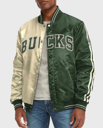 Varsity Milwaukee Bucks Off White Green Satin Jacket - Modajacket