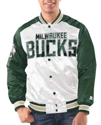White/Hunter Green Milwaukee Bucks Renegade Varsity Satin Jacket - Modajacket