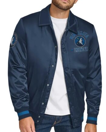 Minnesota Timberwolves Stitch Applique Navy Satin Jacket - Modajacket