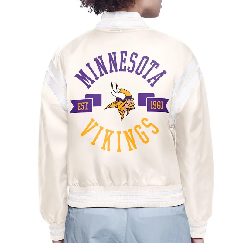 Minnesota Vikings Printed Logo Varsity Satin Jacket 4 Minnesota Vikings Printed Logo Varsity Satin Jacket