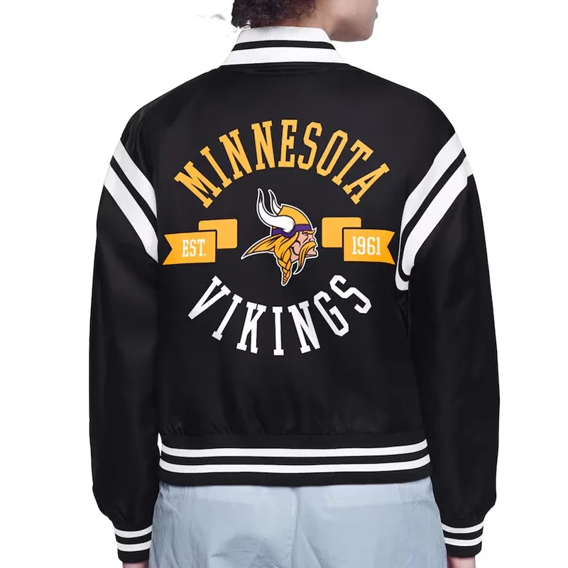 Minnesota Vikings Printed Logo Varsity Satin Jacket 3 Minnesota Vikings Printed Logo Varsity Satin Jacket