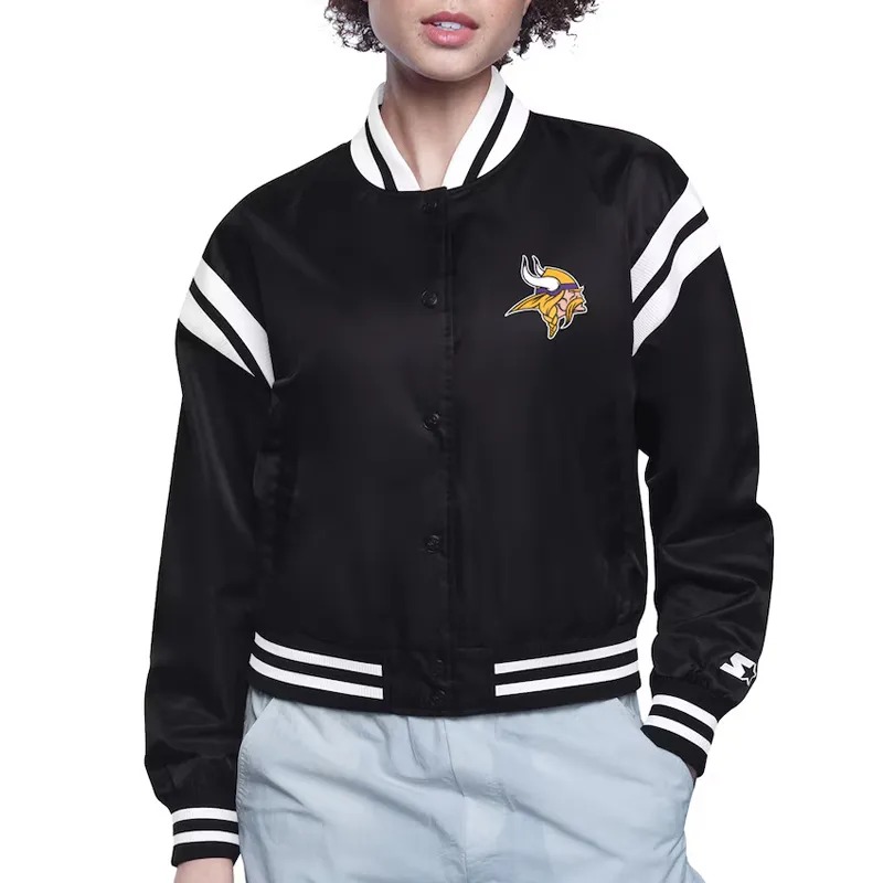 Minnesota Vikings Printed Logo Varsity Satin Jacket 1 Minnesota Vikings Printed Logo Varsity Satin Jacket - Modajacket