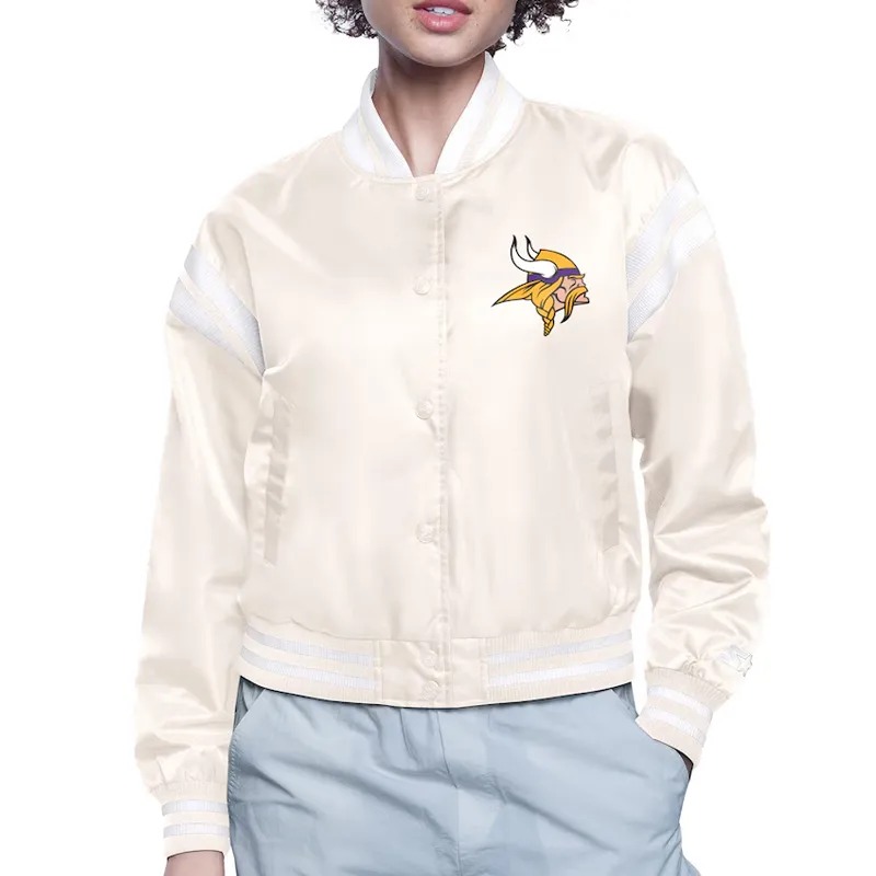 Minnesota Vikings Printed Logo Varsity Satin Jacket 2 Minnesota Vikings Printed Logo Varsity Satin Jacket