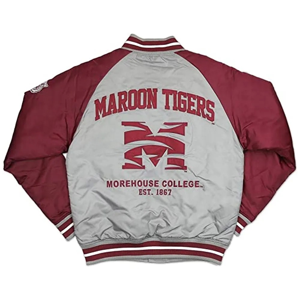 Morehouse Tigers Gray and Maroon Lightweight Satin Jacket 2 Morehouse Tigers Gray and Maroon Lightweight Satin Jacket