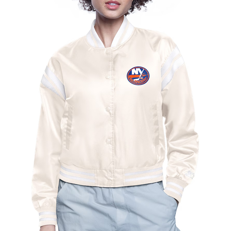 NY Islanders Printed Logo Varsity Satin Jacket 2 NY Islanders Printed Logo Varsity Satin Jacket