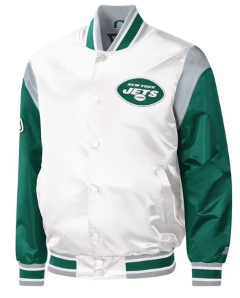 NY Jets Throwback Warm Up Pitch Varsity Satin Jacket - Modajacket