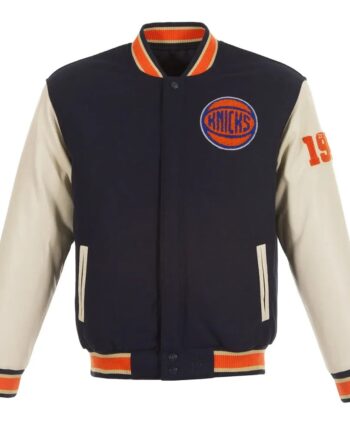 NY Knicks Chenille Navy and Off White Varsity Jacket - Modajacket