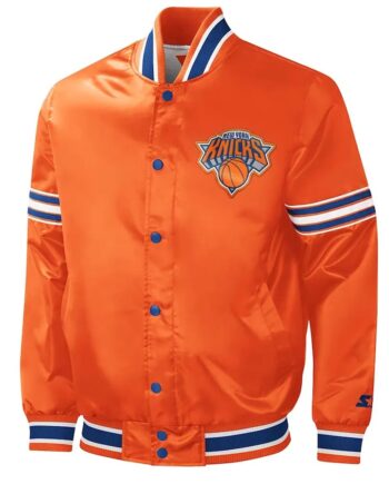 NY Knicks Slider Varsity Orange Satin Jacket - Modajacket