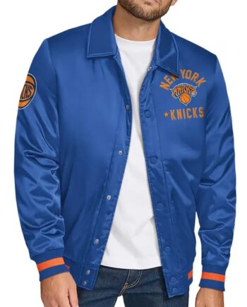 NY Knicks Stitch Applique Blue Satin Jacket - Modajacket