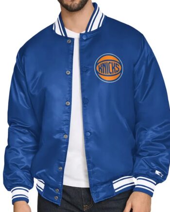 NY Knicks Blue Team Name Varsity Full-Snap Satin Jacket - Modajacket