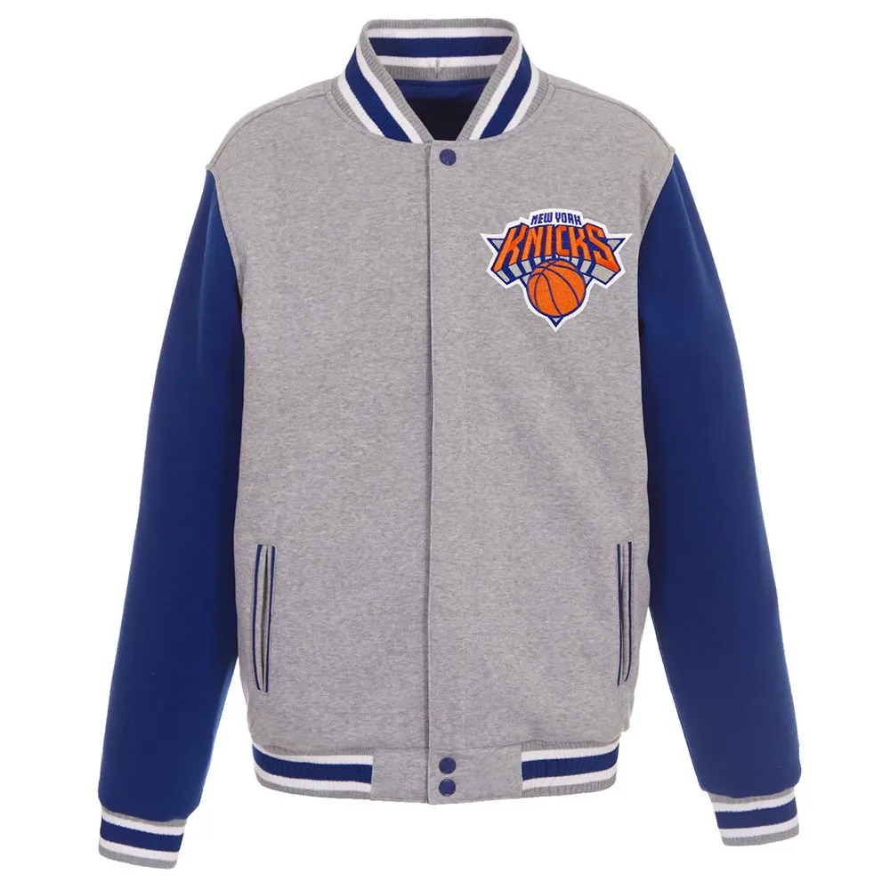 NY Knicks Gray and Royal Varsity Wool Jacket 1 NY Knicks Gray and Royal Varsity Wool Jacket - Modajacket