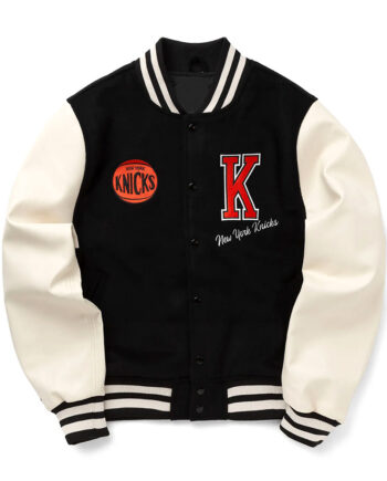 NY Knicks Black and Off White Varsity Jacket - Modajacket