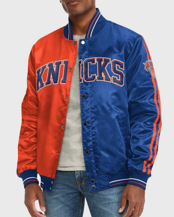NY Knicks Varsity Satin Orange and Blue Jacket - Modajacket