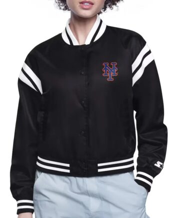 NY Mets Printed Logo Black Varsity Satin Jacket - Modajacket