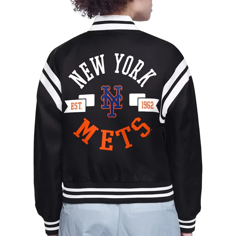 NY Mets Printed Logo Black Varsity Satin Jacket 3 NY Mets Printed Logo Black Varsity Satin Jacket