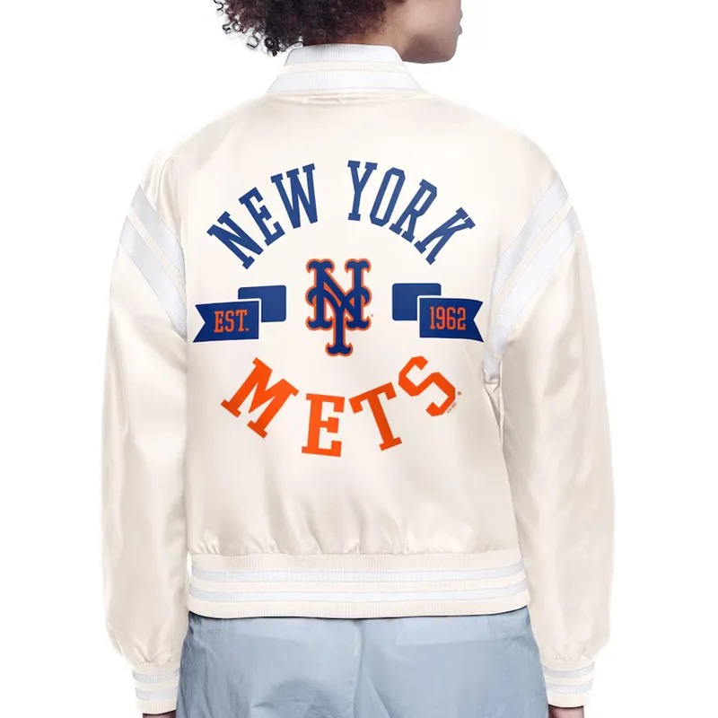 NY Mets Printed Logo Black Varsity Satin Jacket 4 NY Mets Printed Logo Black Varsity Satin Jacket