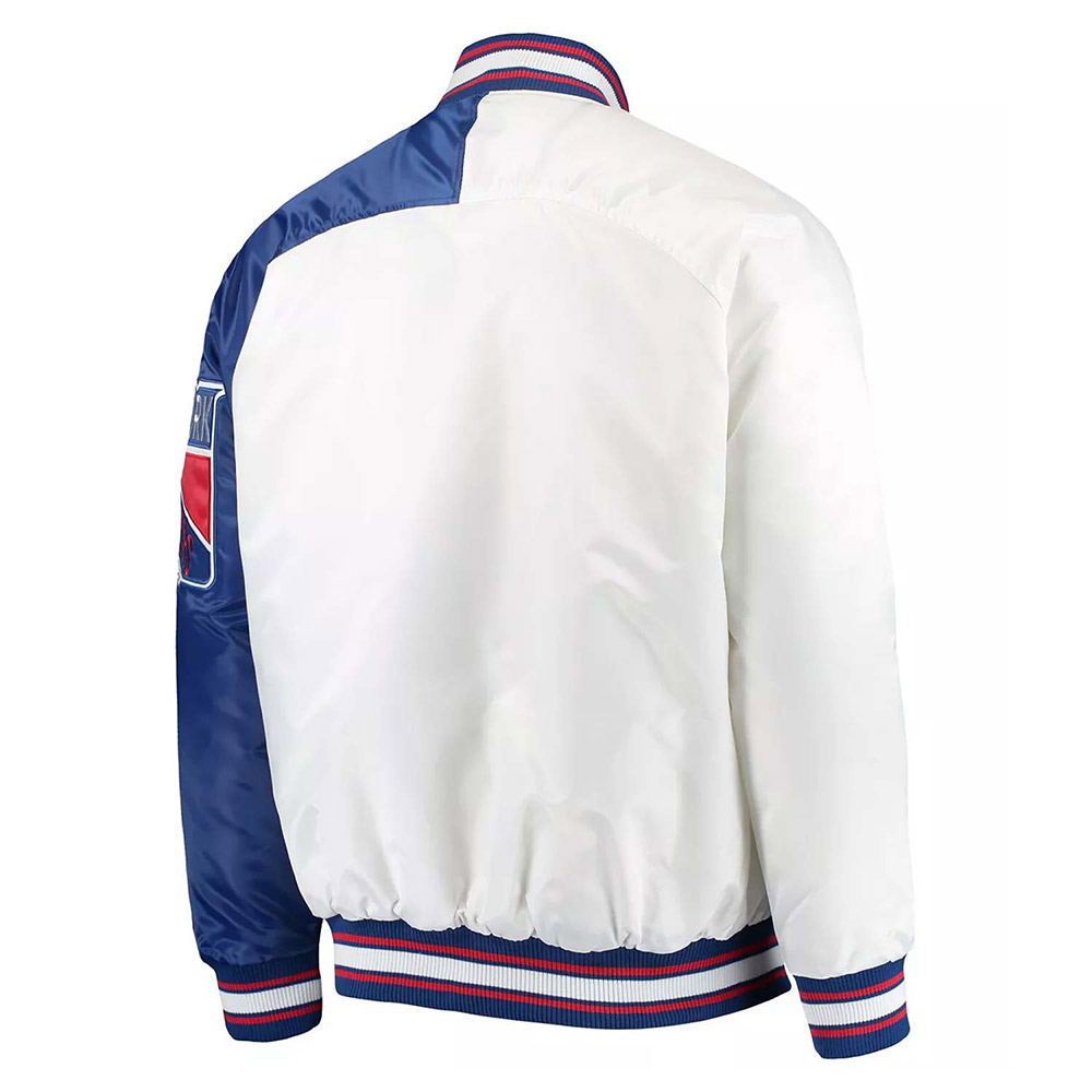 NY Rangers Dugout Championship Blue and White Varsity Satin Jacket 2 NY Rangers Dugout Championship Blue and White Varsity Satin Jacket
