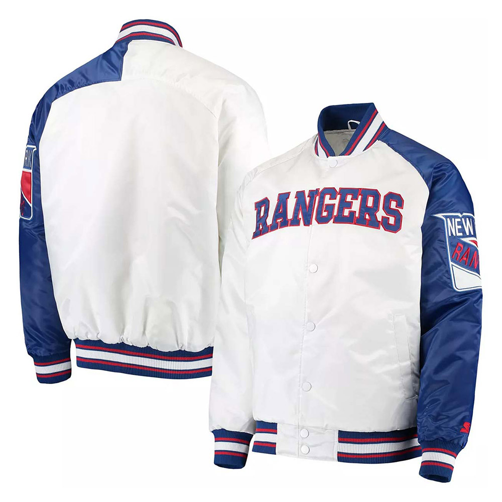 NY Rangers Dugout Championship Blue and White Varsity Satin Jacket 3 NY Rangers Dugout Championship Blue and White Varsity Satin Jacket
