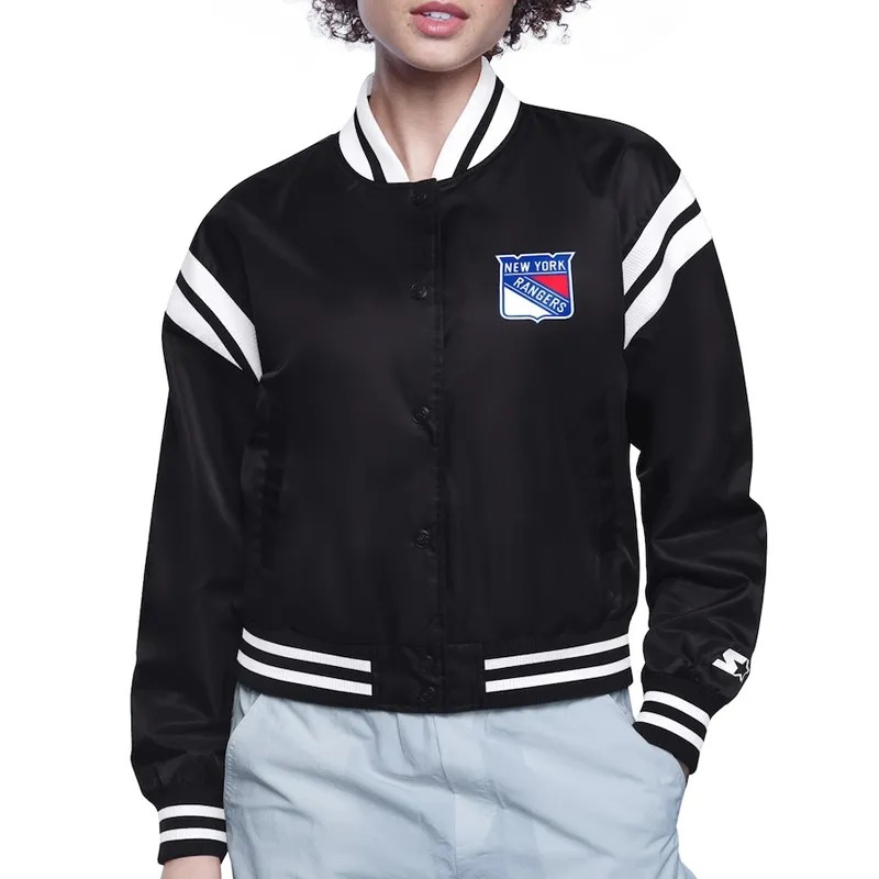 NY Rangers Printed Logo Varsity Satin Jacket 1 NY Rangers Printed Logo Varsity Satin Jacket - Modajacket