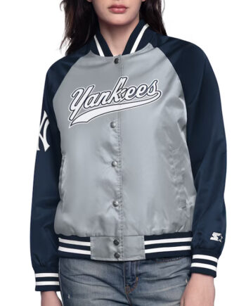 Gray/Navy New York Yankees Home Run Varsity Satin Jacket - Modajacket