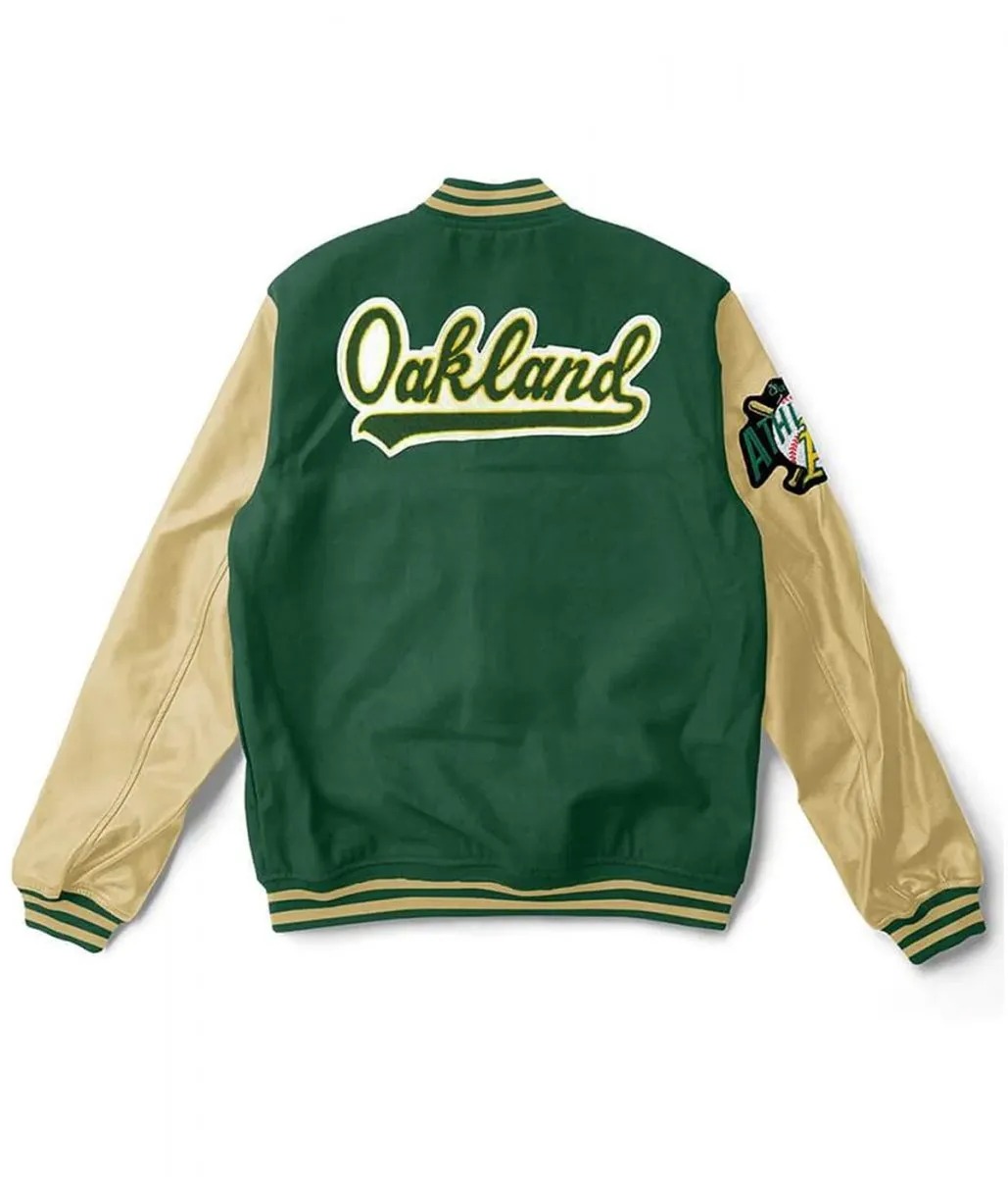 Oakland Athletics Varsity Green and Beige Wool Leather Jacket 2 Oakland Athletics Varsity Green and Beige Wool Leather Jacket