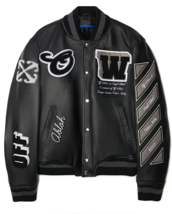 Off-White Full Black Leather Varsity Jacket - Modajacket