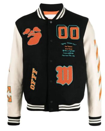 Black and Orange Off White Graphics Varsity Jacket - Modajacket