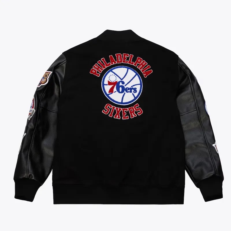 Philadelphia 76ers Black Out Team Logo Varsity Jacket 2 Philadelphia 76ers Black Out Team Logo Varsity Jacket