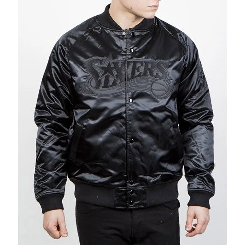 Philadelphia 76ers Black Tonal Satin Jacket 1 Philadelphia 76ers Black Tonal Satin Jacket - Modajacket