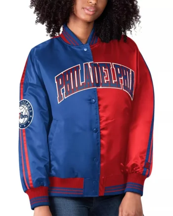 Philadelphia 76ers Split Colorblock Blue and Red Satin Jacket - Modajacket
