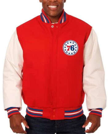 Red and White Philadelphia 76ers Varsity Jacket - Modajacket