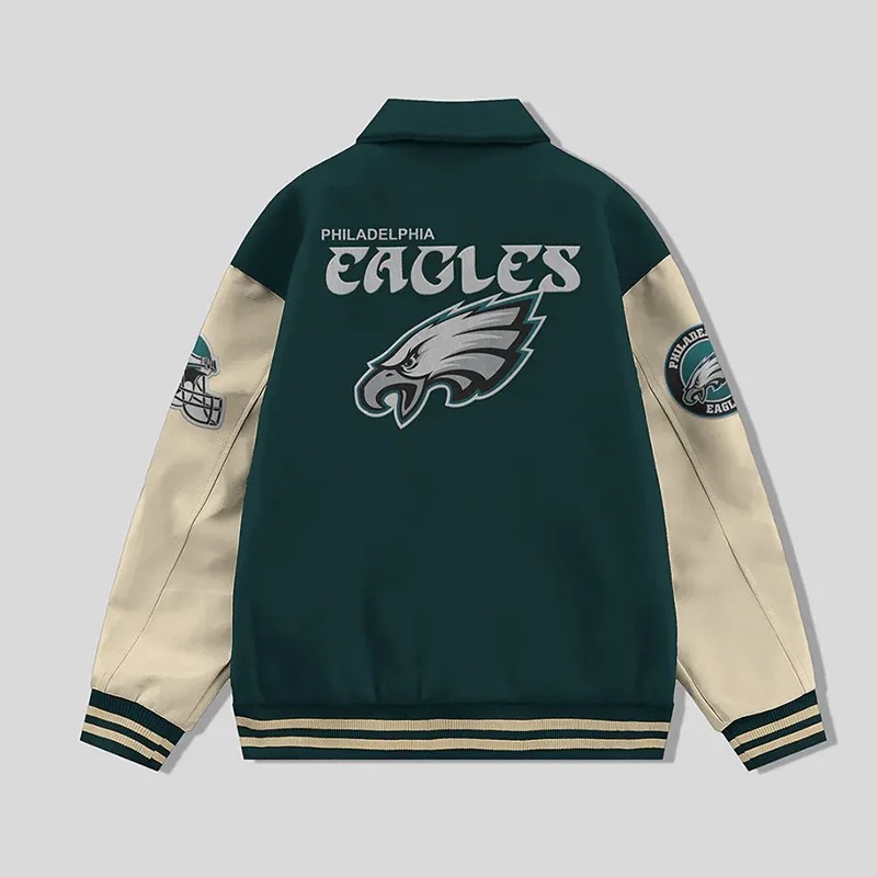 Philadelphia Eagles Collared Green and Off White Varsity Jacket 2 Philadelphia Eagles Collared Green and Off White Varsity Jacket