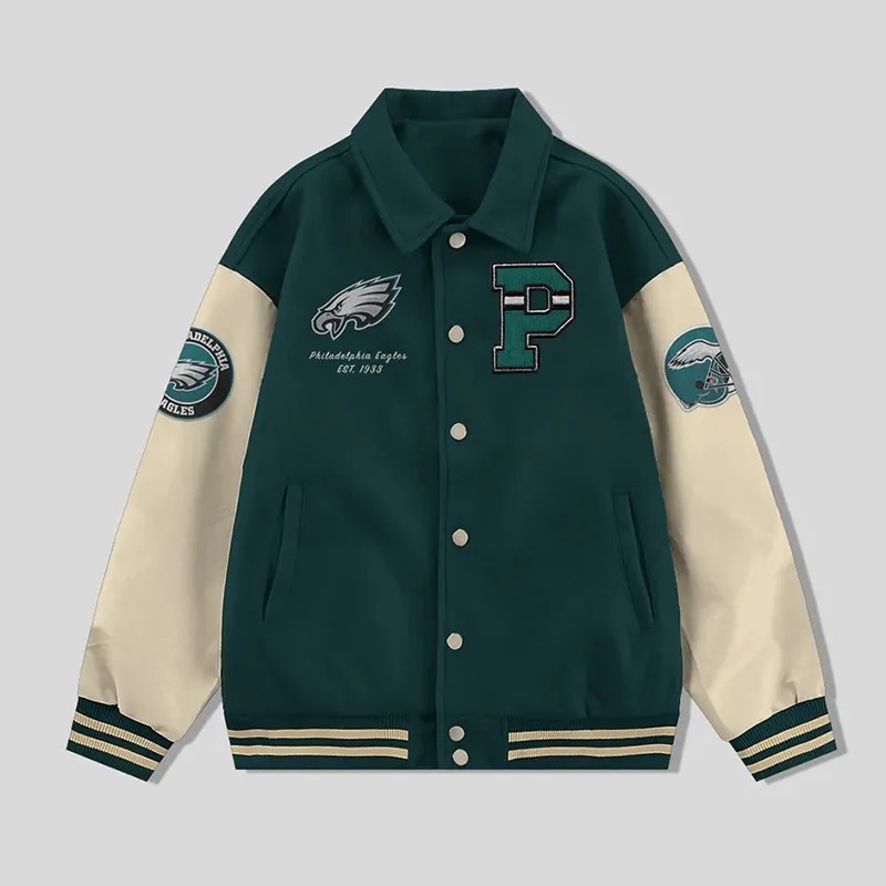 Philadelphia Eagles Collared Green and Off White Varsity Jacket 1 Philadelphia Eagles Collared Green and Off White Varsity Jacket - Modajacket