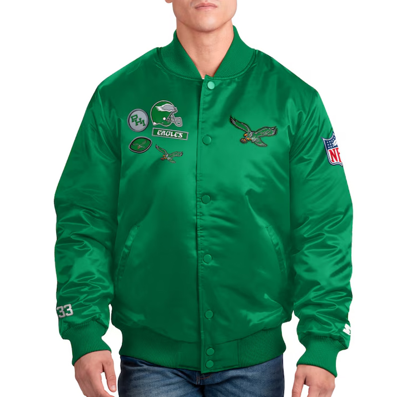 Philadelphia Eagles Kelly Green Varsity Satin Jacket 1 Philadelphia Eagles Kelly Green Varsity Satin Jacket - Modajacket