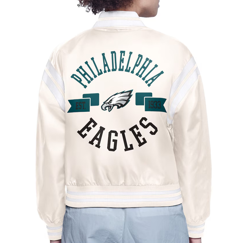 Philadelphia Eagles Printed Logo Varsity Satin Jacket 4 Philadelphia Eagles Printed Logo Varsity Satin Jacket