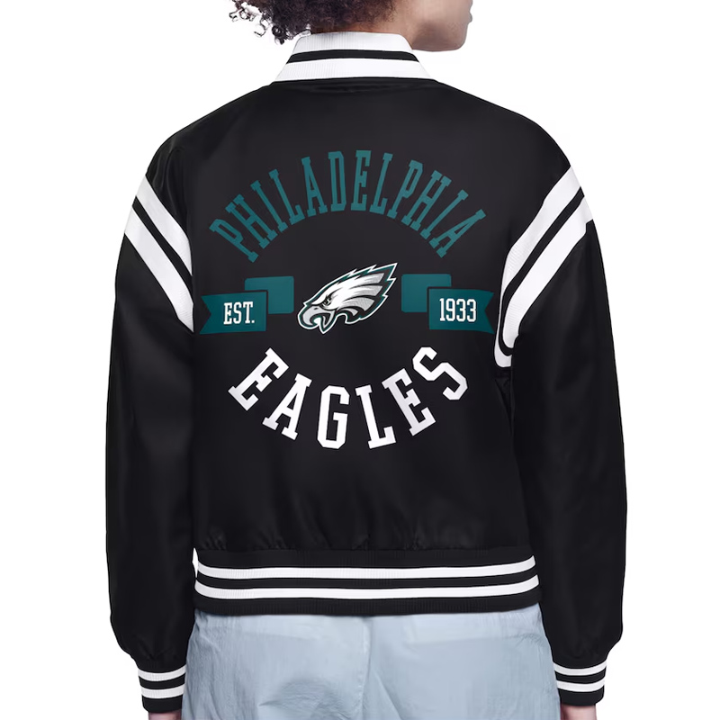 Philadelphia Eagles Printed Logo Varsity Satin Jacket 3 Philadelphia Eagles Printed Logo Varsity Satin Jacket