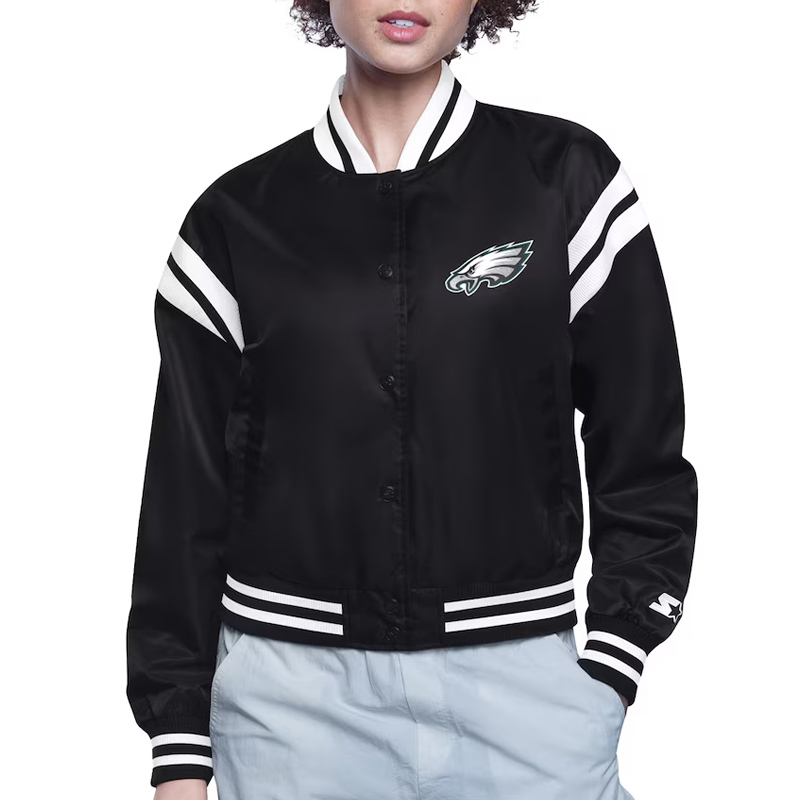 Philadelphia Eagles Printed Logo Varsity Satin Jacket 1 Philadelphia Eagles Printed Logo Varsity Satin Jacket - Modajacket