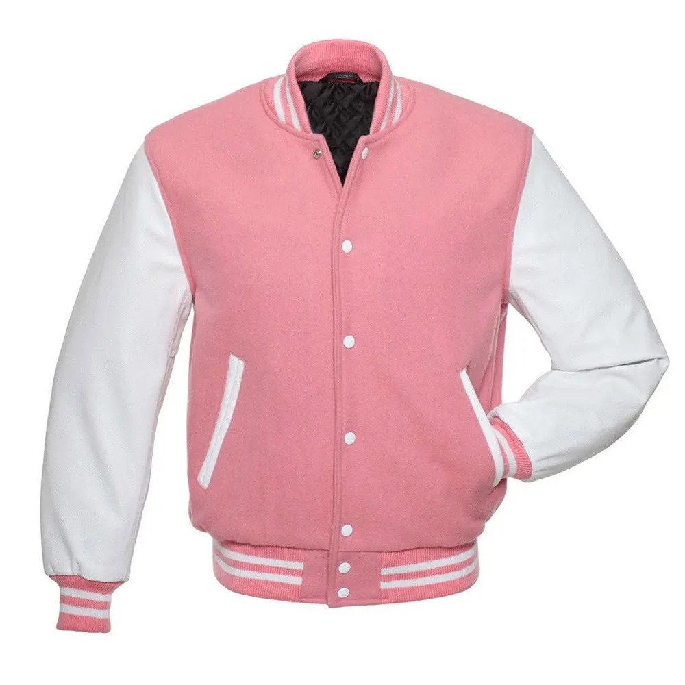 Pink Varsity Jacket with White Leather Sleeves 2 Pink Varsity Jacket with White Leather Sleeves