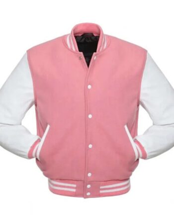 Pink Varsity Jacket with White Leather Sleeves - Modajacket