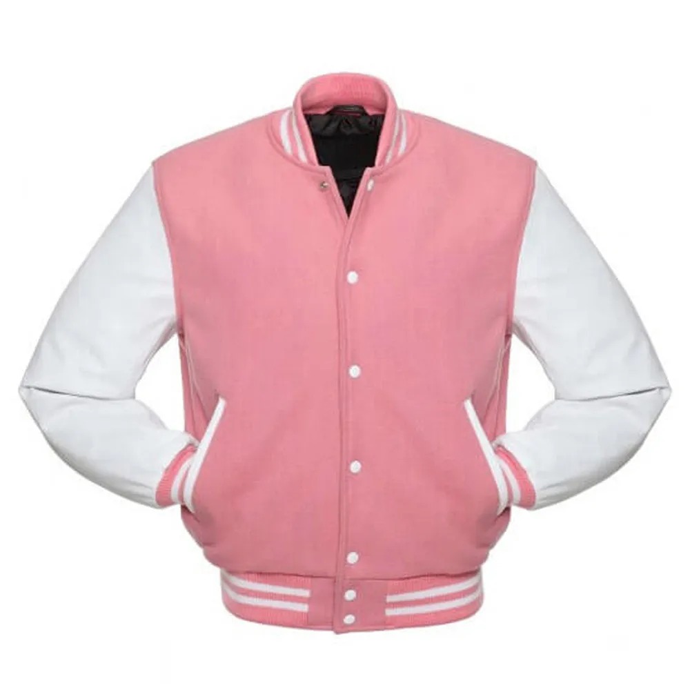Pink Varsity Jacket with White Leather Sleeves 1 Pink Varsity Jacket with White Leather Sleeves - Modajacket