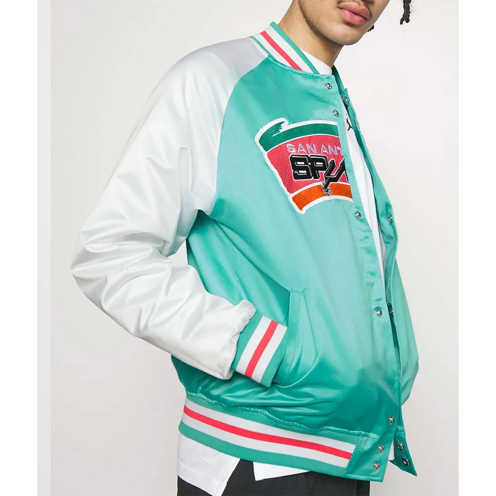 Prime Time Aqua/White San Antonio Spurs Varsity Satin Jacket 4 Prime Time Aqua/White San Antonio Spurs Varsity Satin Jacket