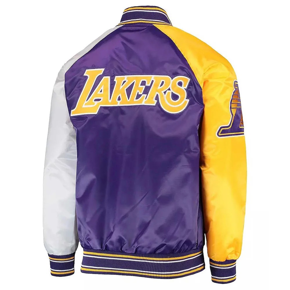 LA Lakers Purple Yellow and White Reliever Varsity Satin Jacket 2 LA Lakers Purple Yellow and White Reliever Varsity Satin Jacket