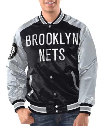 Black/Silver Brooklyn Nets Renegade Varsity Satin Jacket - Modajacket
