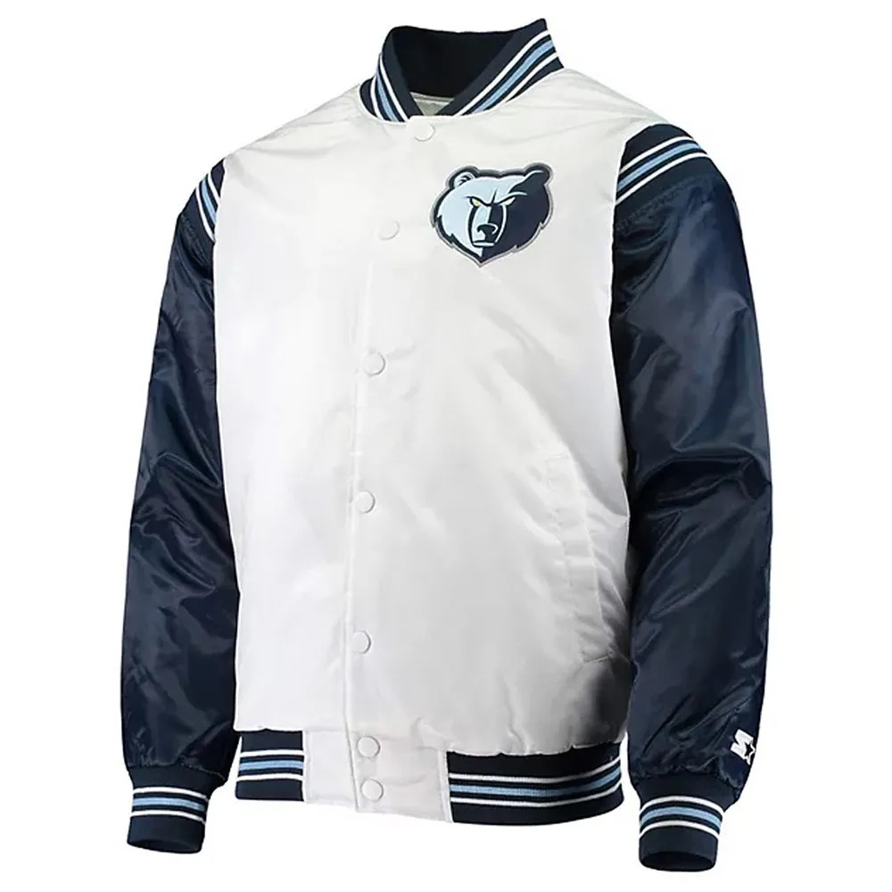 Memphis Grizzlies Renegade White/Navy Varsity Satin Jacket 1 Memphis Grizzlies Renegade White/Navy Varsity Satin Jacket - Modajacket
