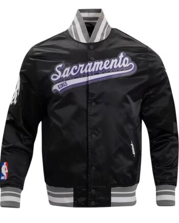 Sacramento Kings Script Tail Black Varsity Satin Jacket - Modajacket