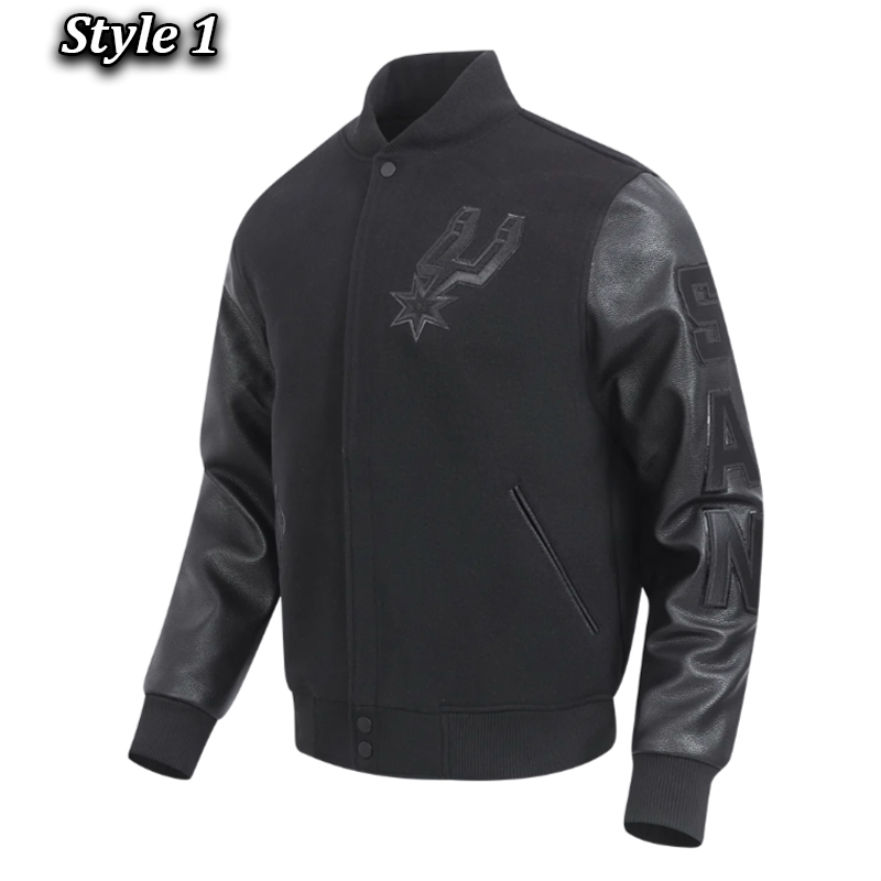 San Antonio Spurs Triple Black Varsity Wool/Leather Jacket 5 San Antonio Spurs Triple Black Varsity Wool/Leather Jacket