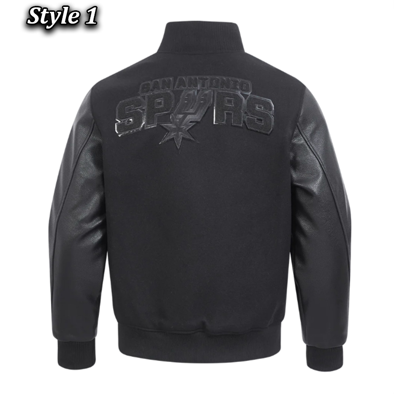 San Antonio Spurs Triple Black Varsity Wool/Leather Jacket 3 San Antonio Spurs Triple Black Varsity Wool/Leather Jacket